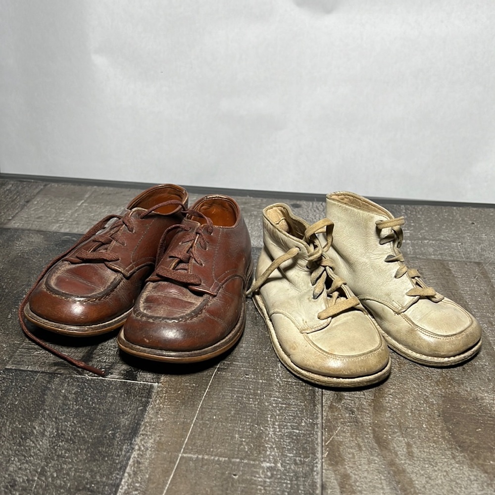 Vintage 50s Childrens Leather Lace Up Shoes Neolite Brown Pair and White